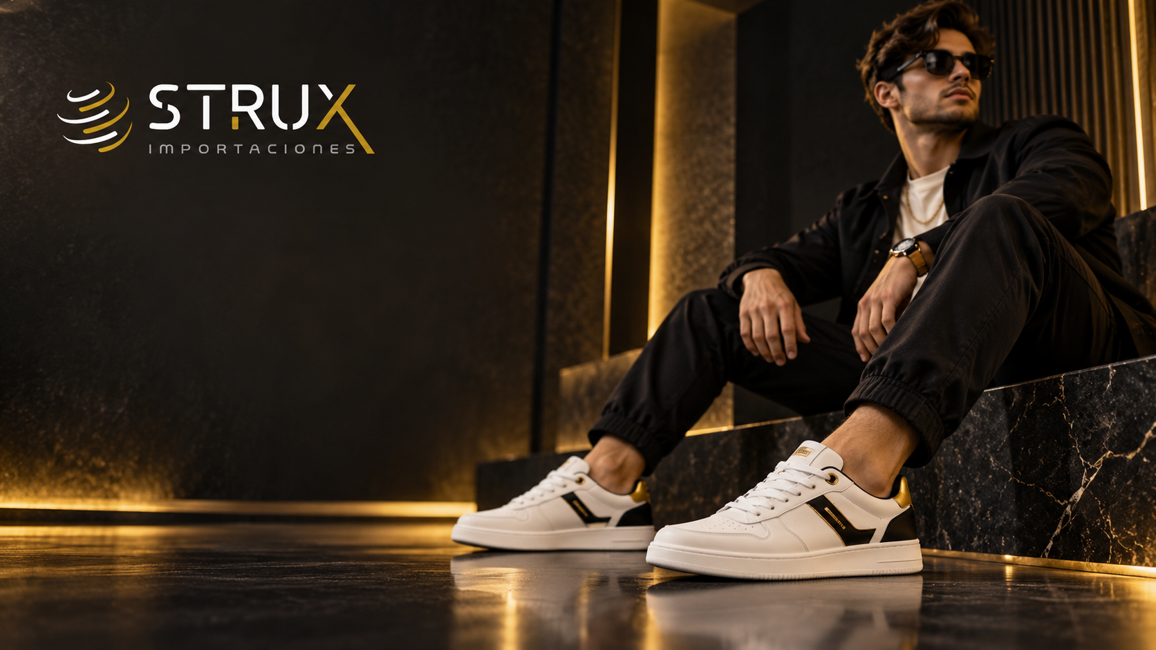 Modelo con sneakers blancos y dorados de Strux Importaciones